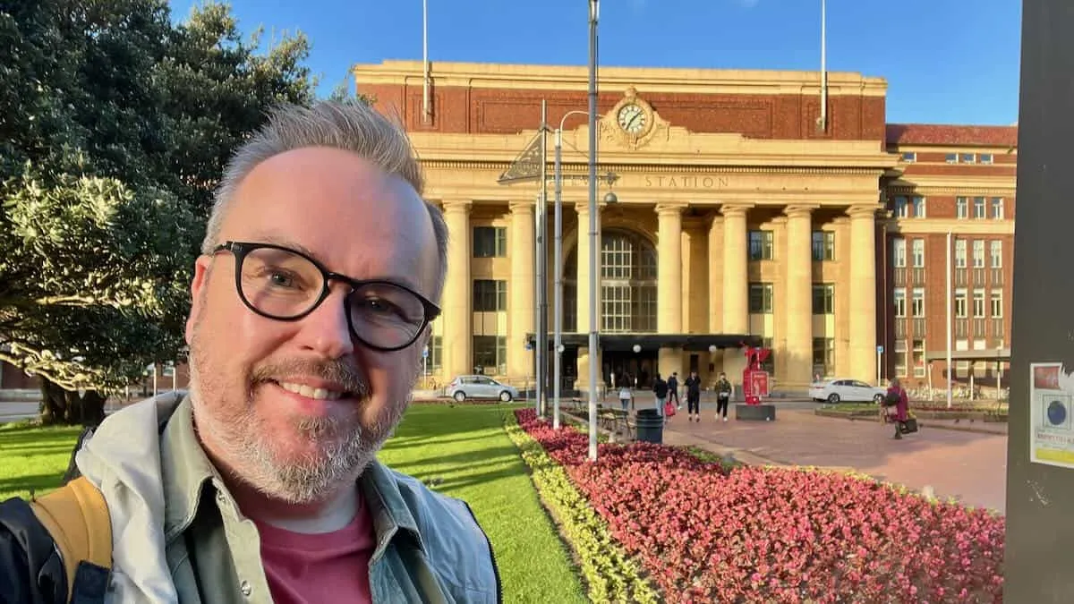 Patrick outside Wellington Train Station in New Zealand 