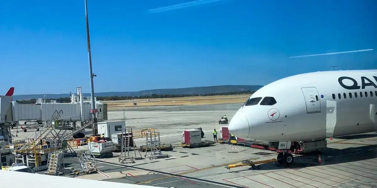 The Front of a Qantas Dreamliner at Perth Airport