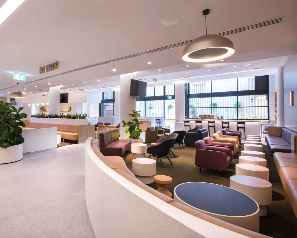 A sweeping shot of seats at Qantas Lounge Perth 