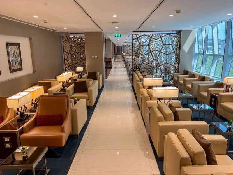 The interior of Emirates business class lounge with its signature sand colour finishings 
