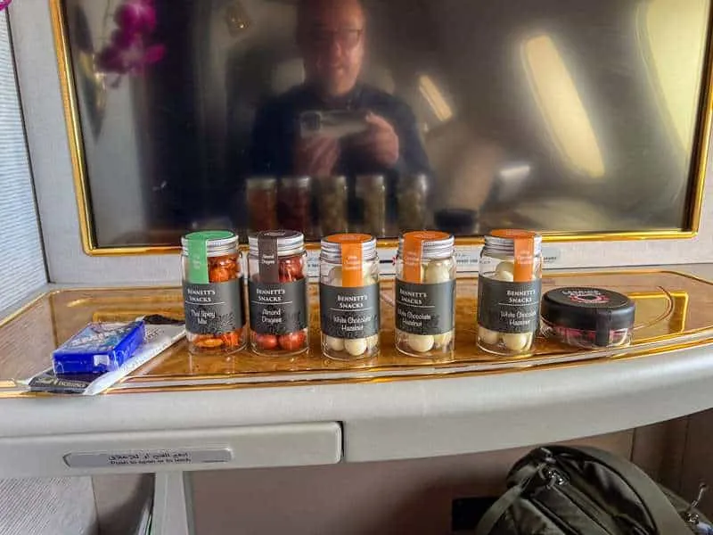 Some of the snacks served in Emirates first class including chocolate covered almonds. 