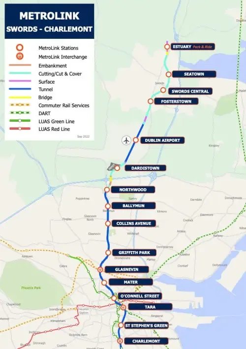 Proposed route of Dublin Metrolink 