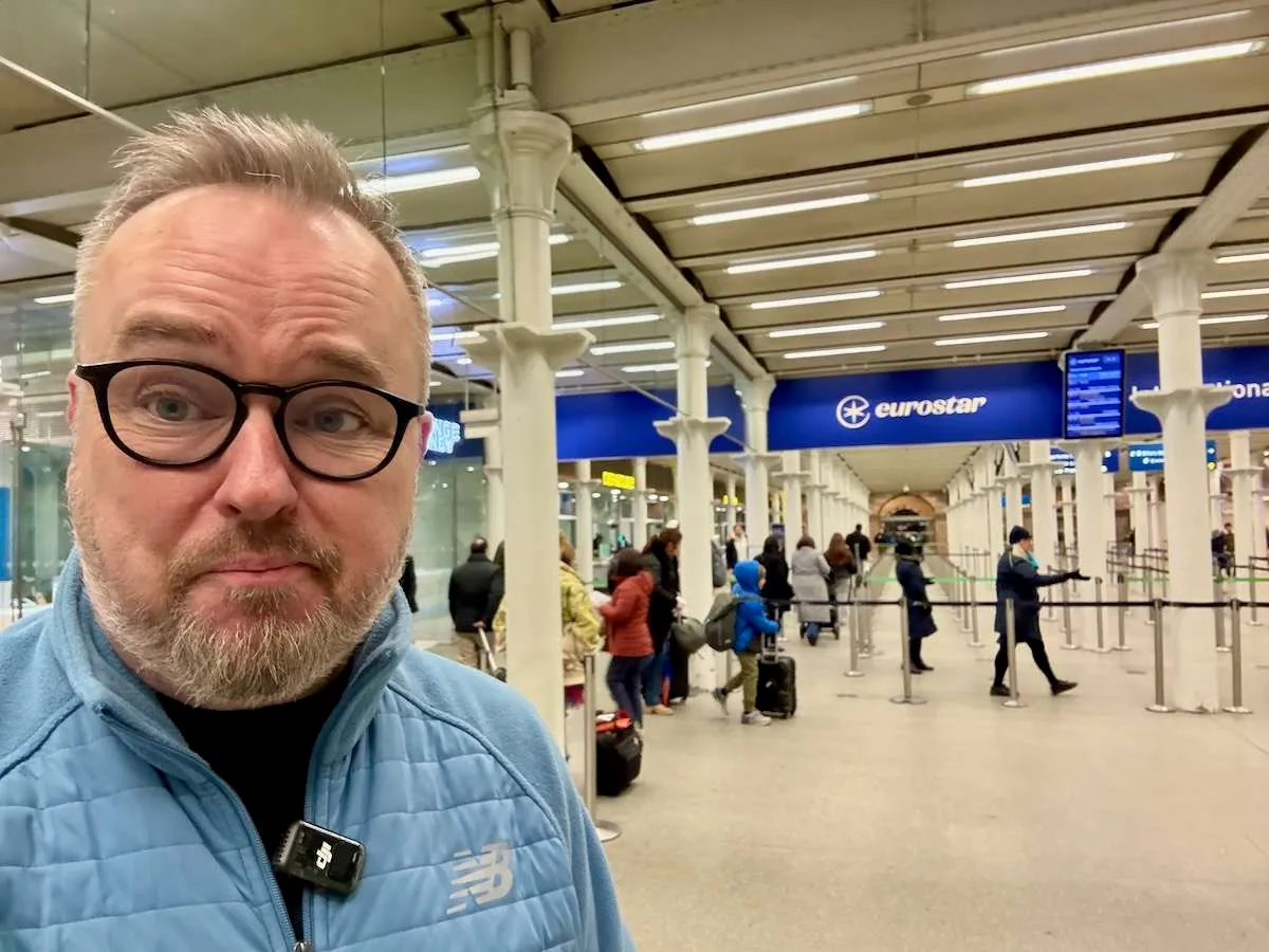 Patrick Hughes at Eurostar check-in at St Pancras International, London