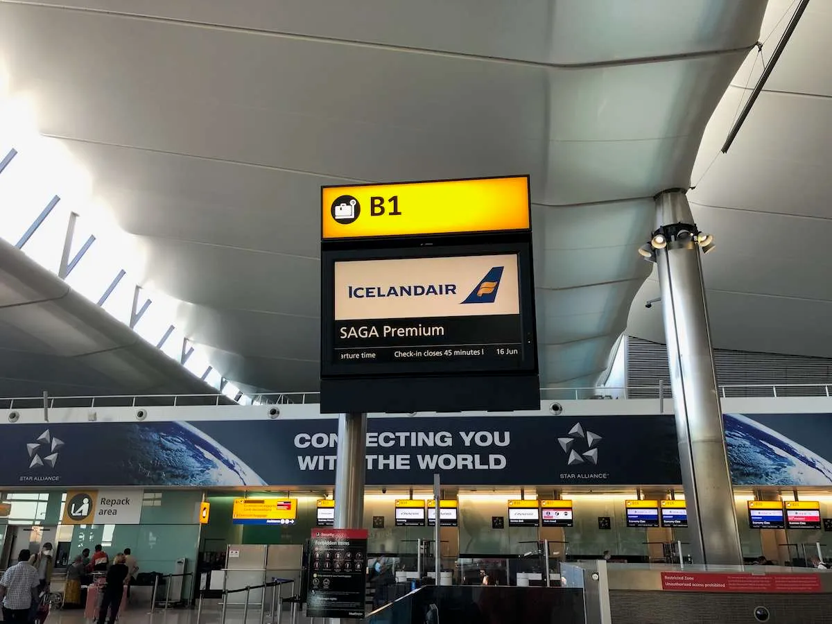 An Icelandair sign at Heathrow Airport
