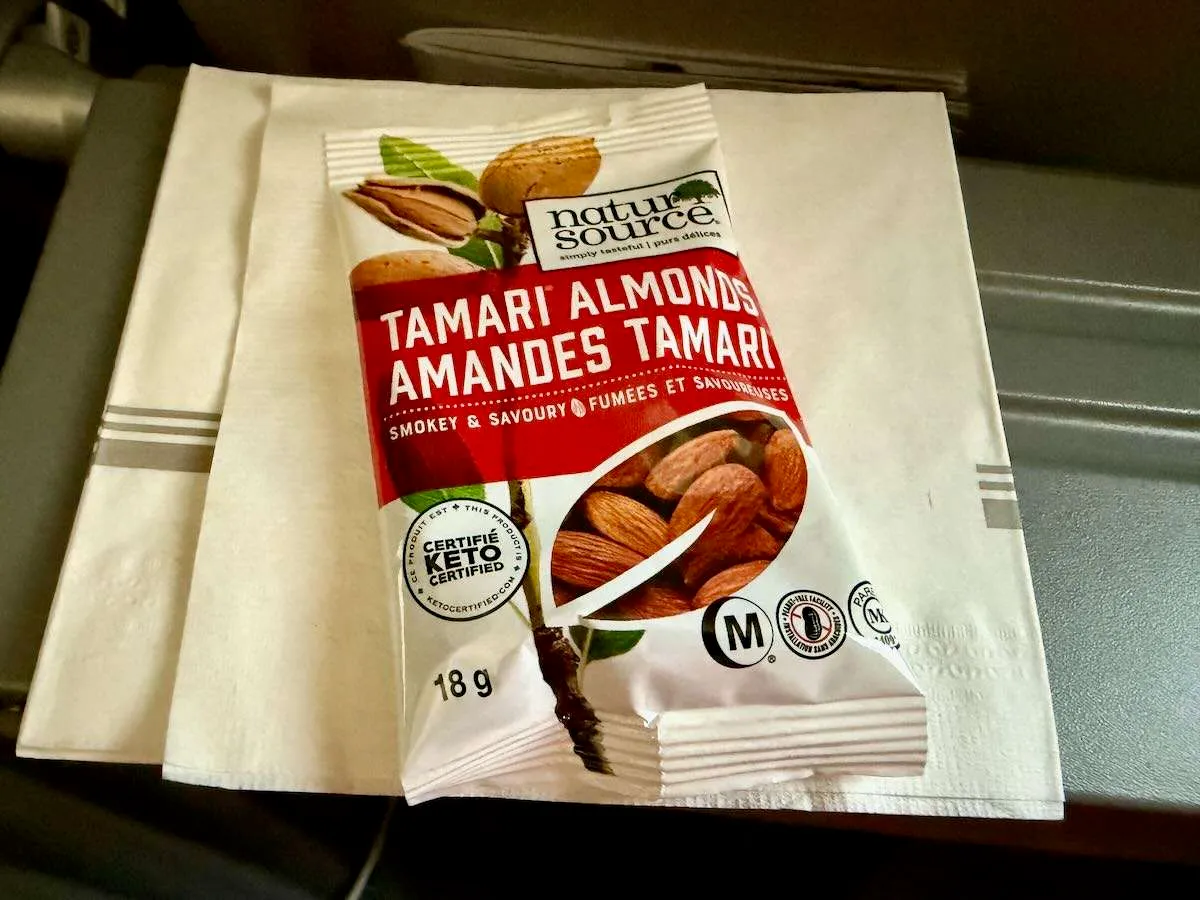 A bag of almonds served as a free snack on Porter Airlines