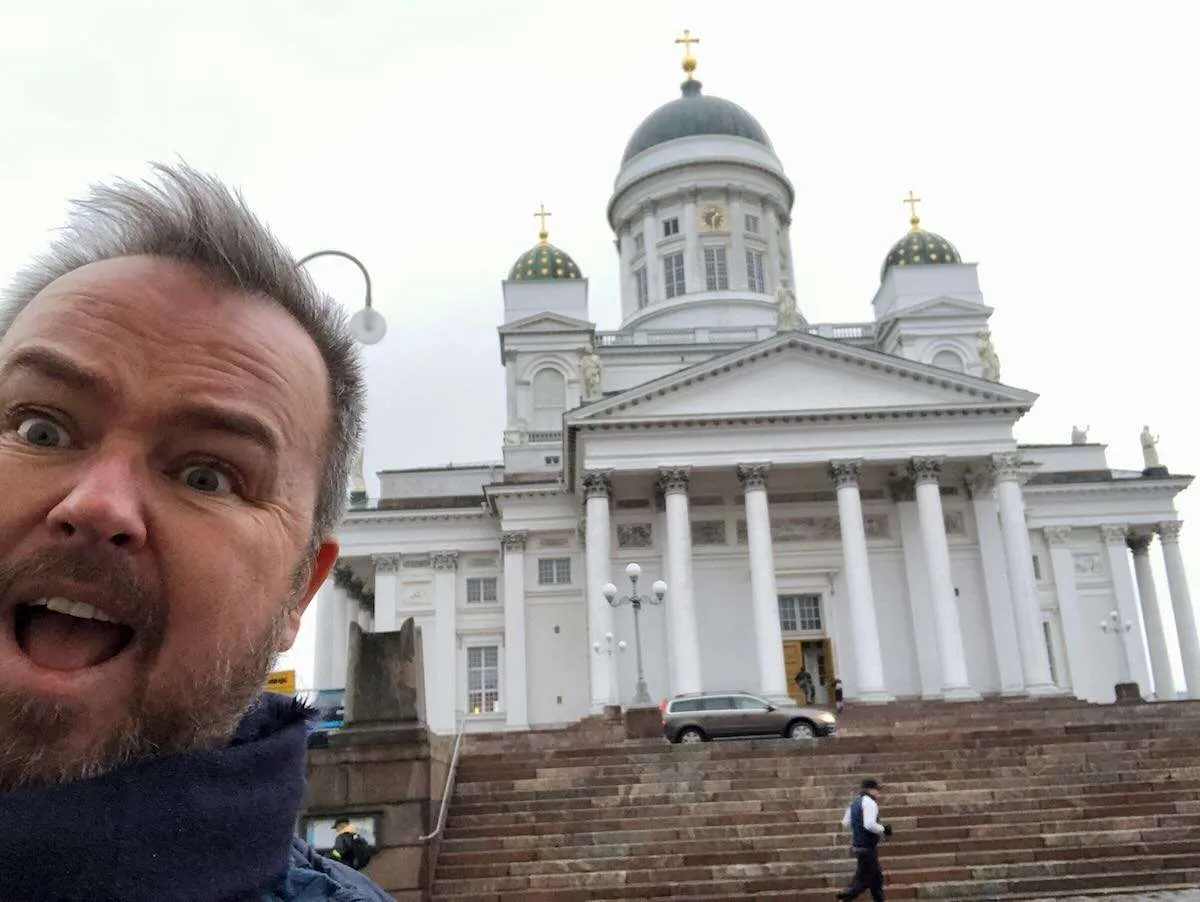 Patrick Hughes outside Helsinki Cathedral 