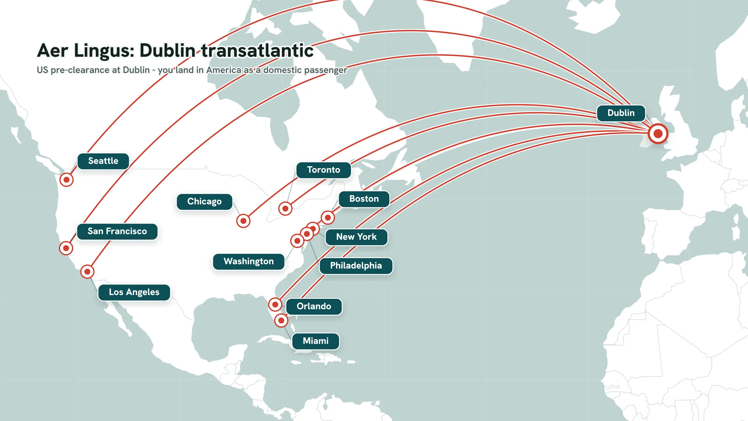 Route map: Aer Lingus transatlantic routes from Dublin to eleven cities in the United States and Canada