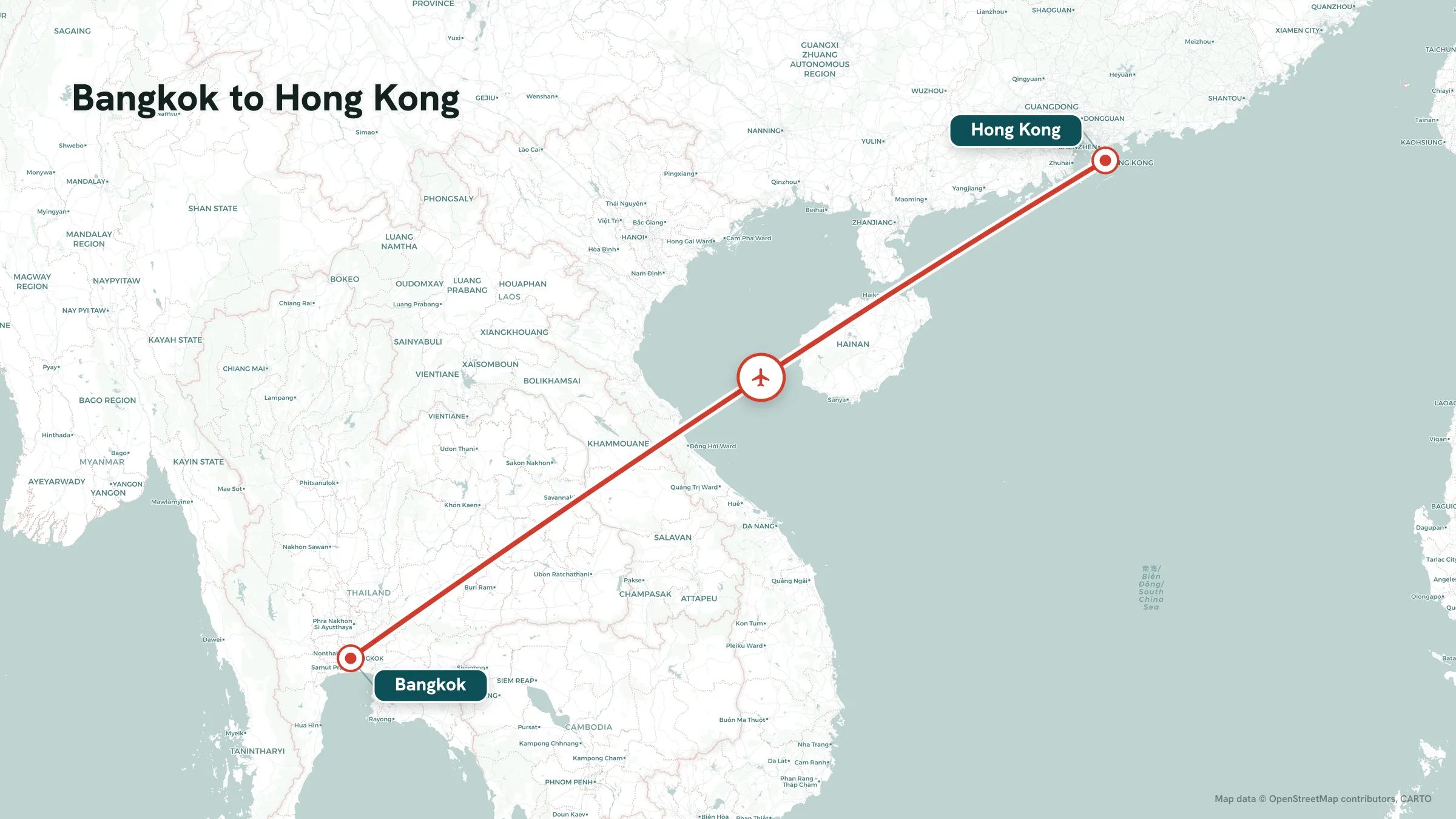 Flight route map: Bangkok to Hong Kong great-circle arc with mid-route marker