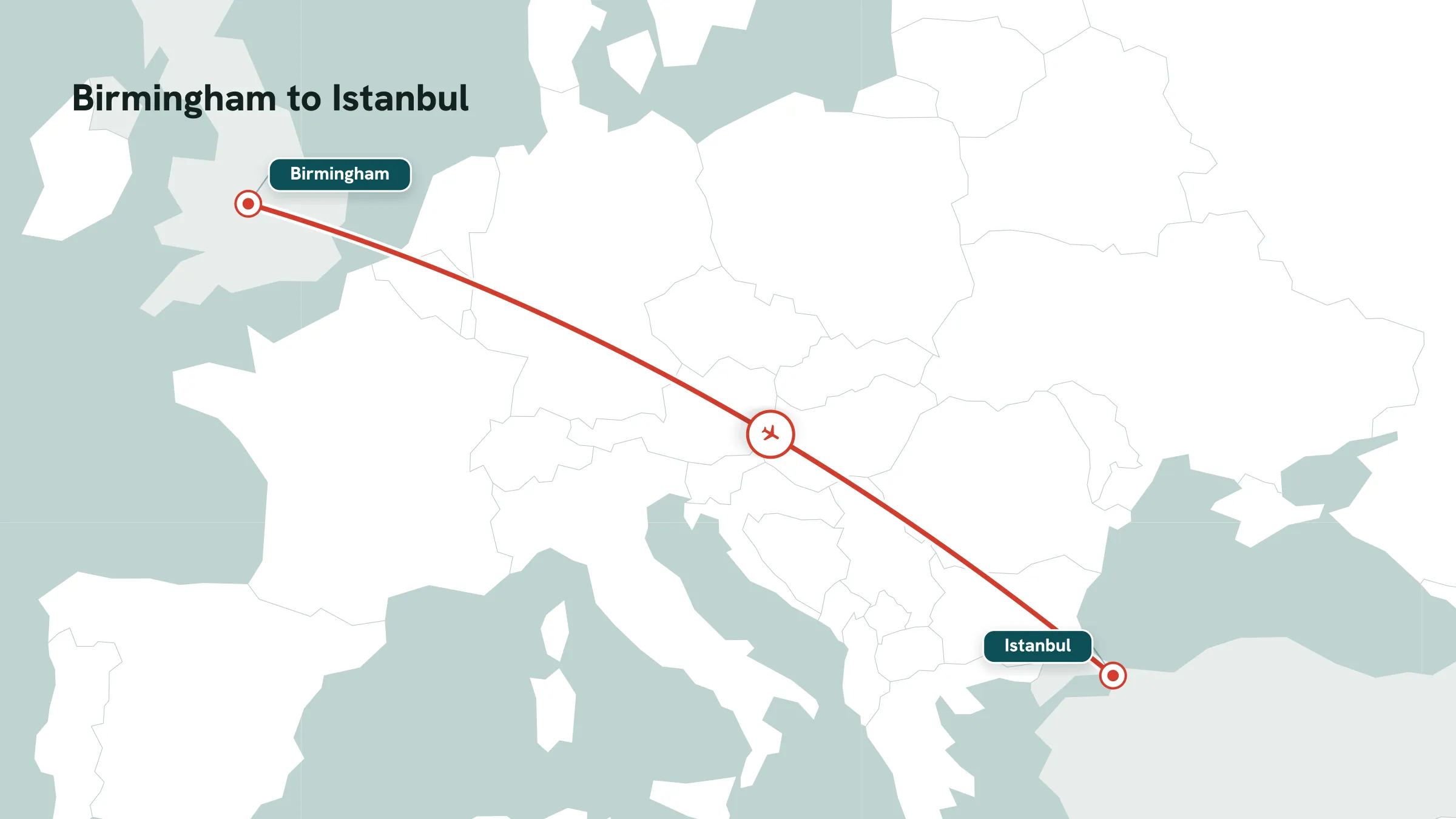 Flight route map: Birmingham to Istanbul great-circle arc with mid-route marker