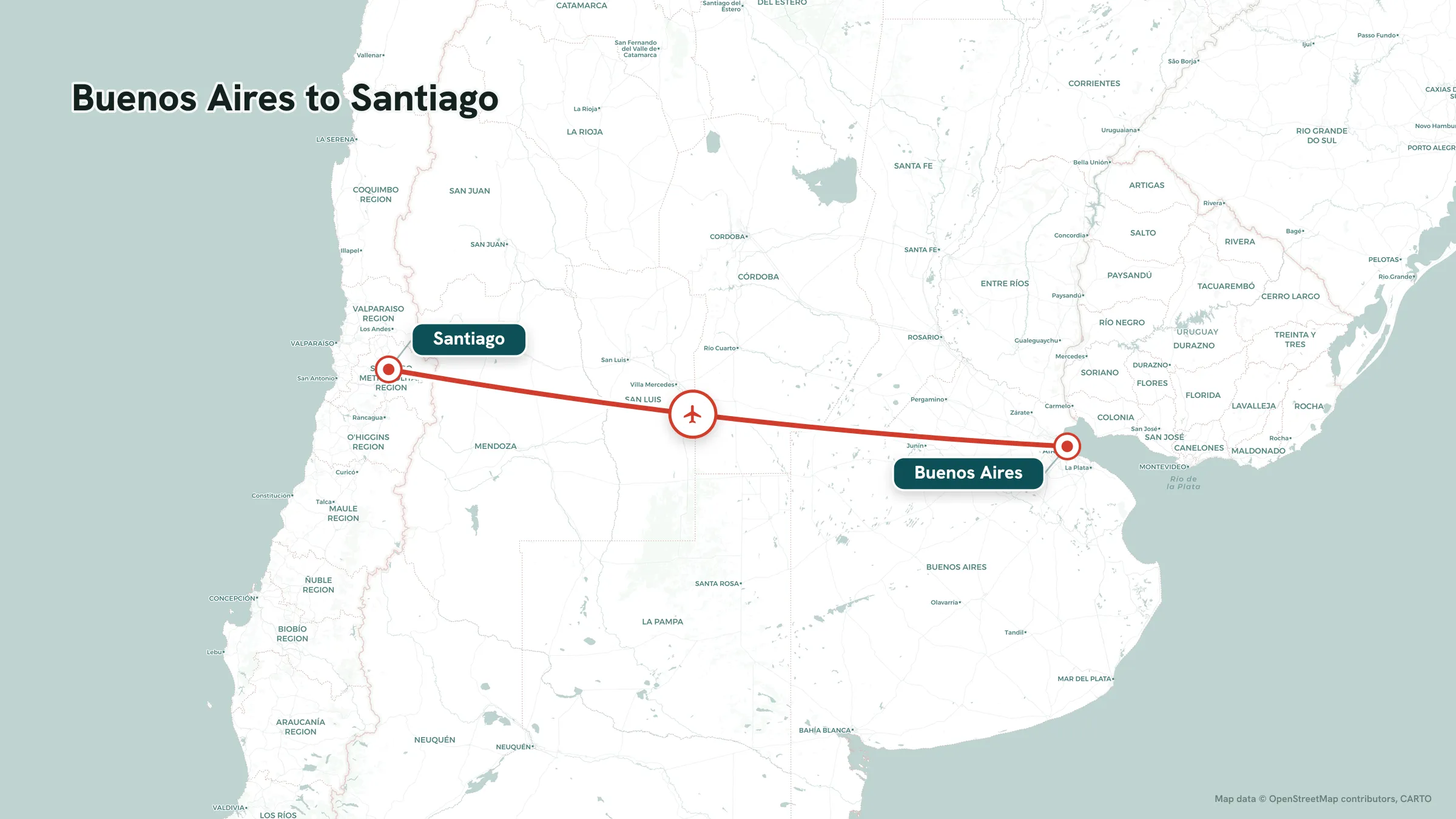 Flight route map: Buenos Aires to Santiago great-circle arc with mid-route marker