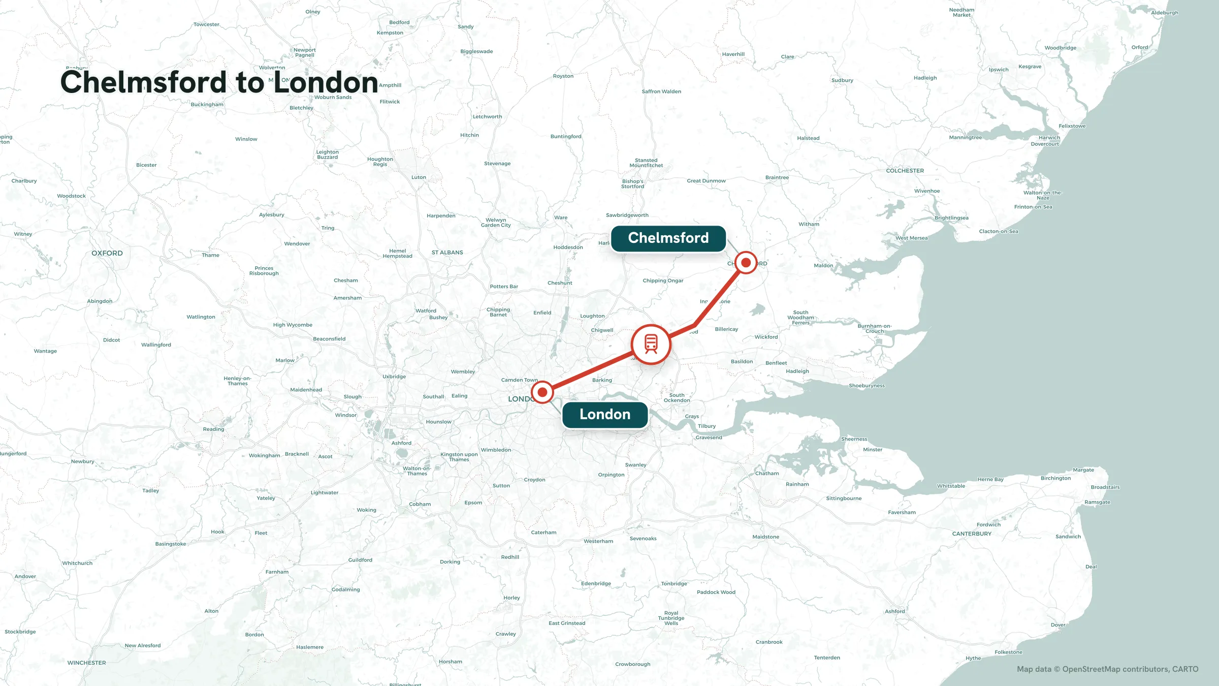 Rail route map: Chelmsford to London Liverpool Street on the Great Eastern Main Line