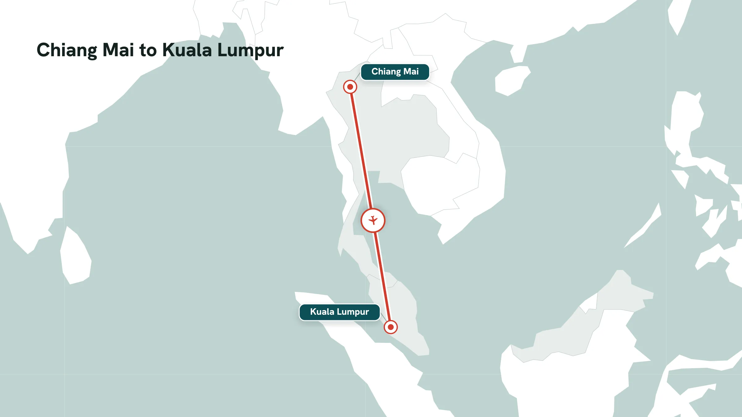 Flight route map: Chiang Mai to Kuala Lumpur great-circle arc with mid-route marker