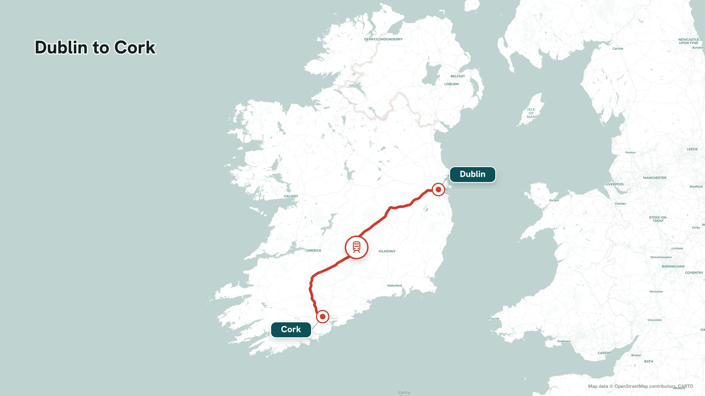 Rail route map: Dublin to Cork on the Irish Rail intercity line