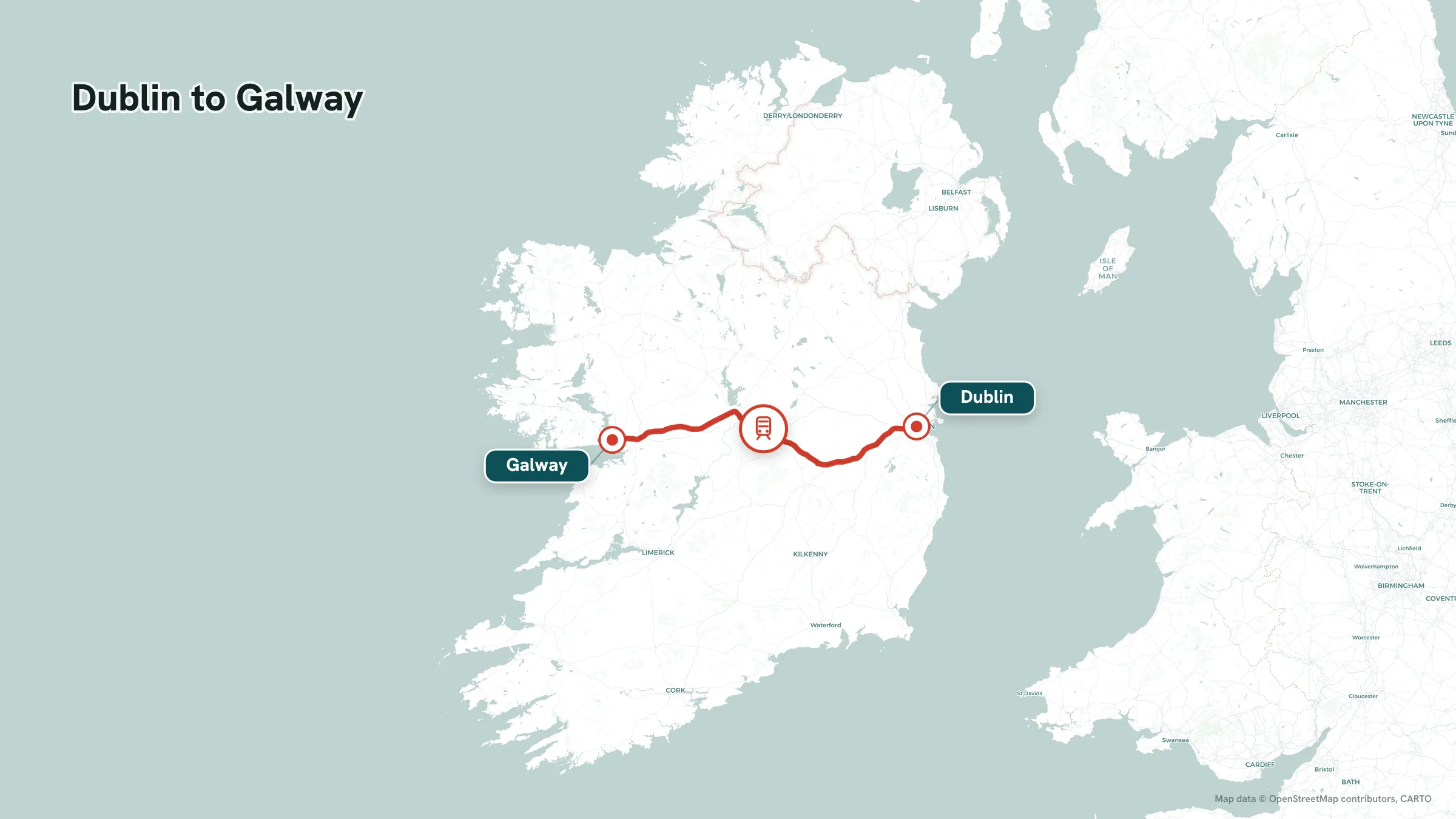 Rail route map: Dublin to Galway across the Irish Midlands
