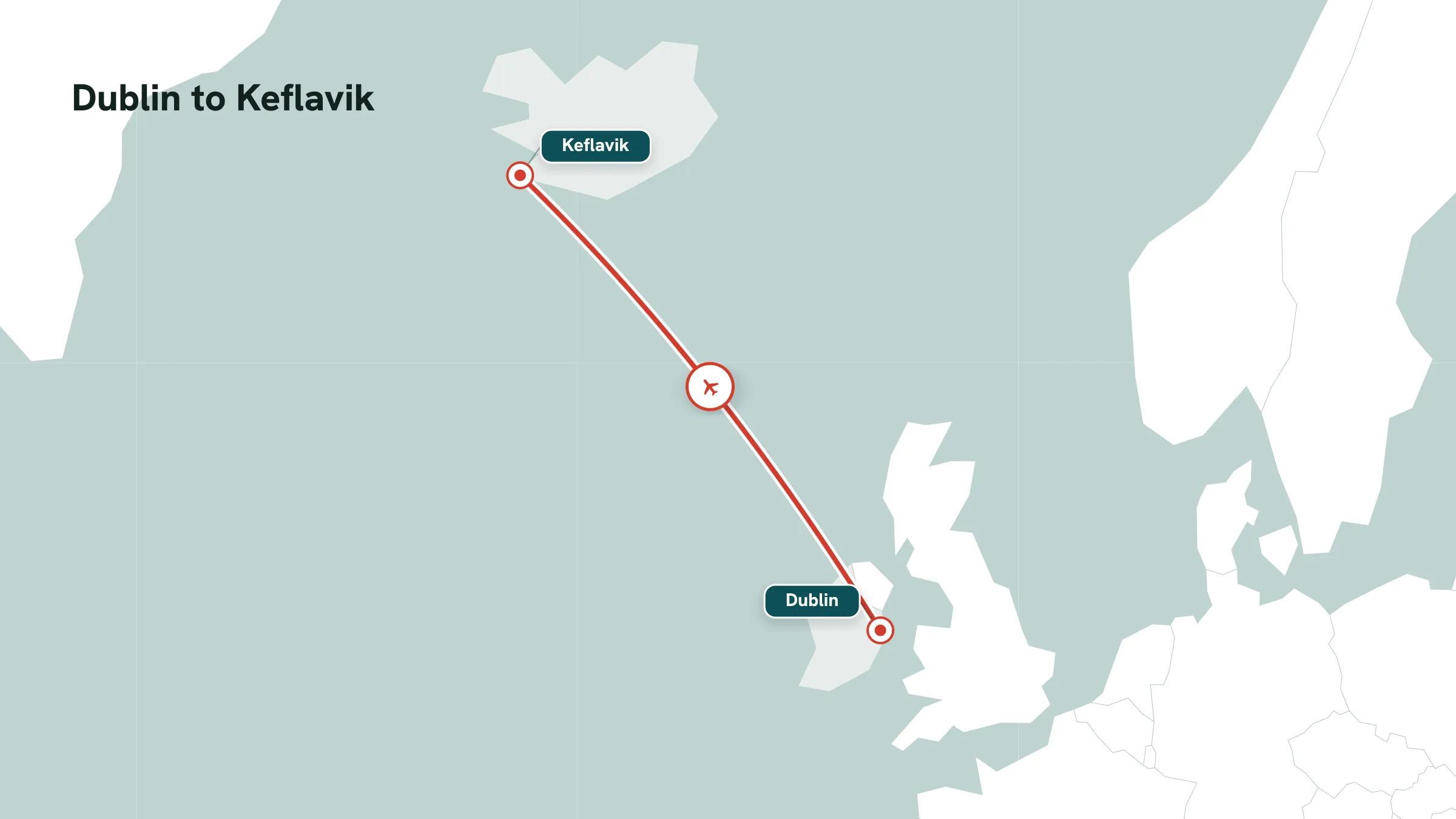 Flight route map: Dublin to Keflavik great-circle arc with mid-route marker