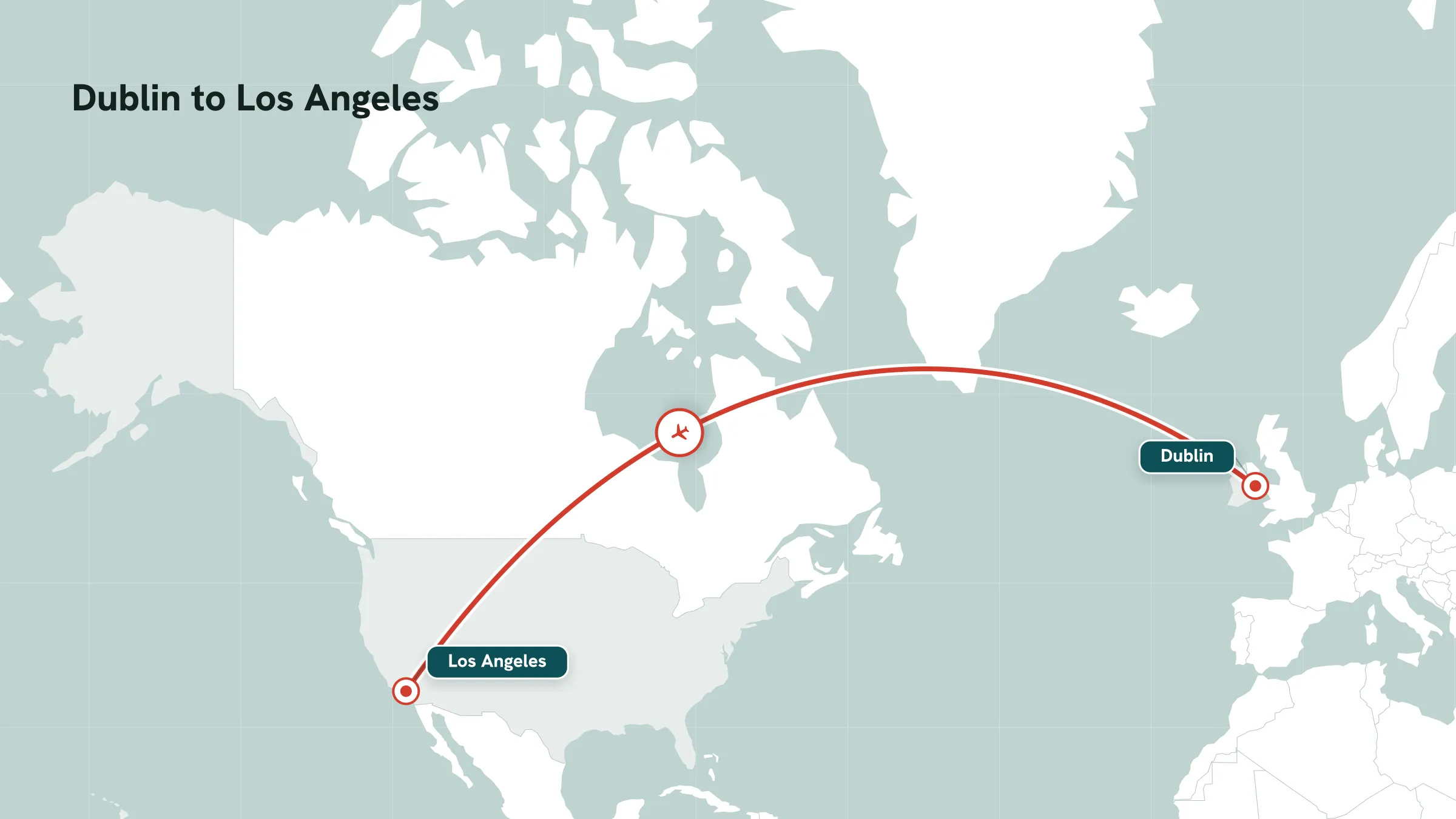 Flight route map: Dublin to Los Angeles great-circle arc with mid-route marker