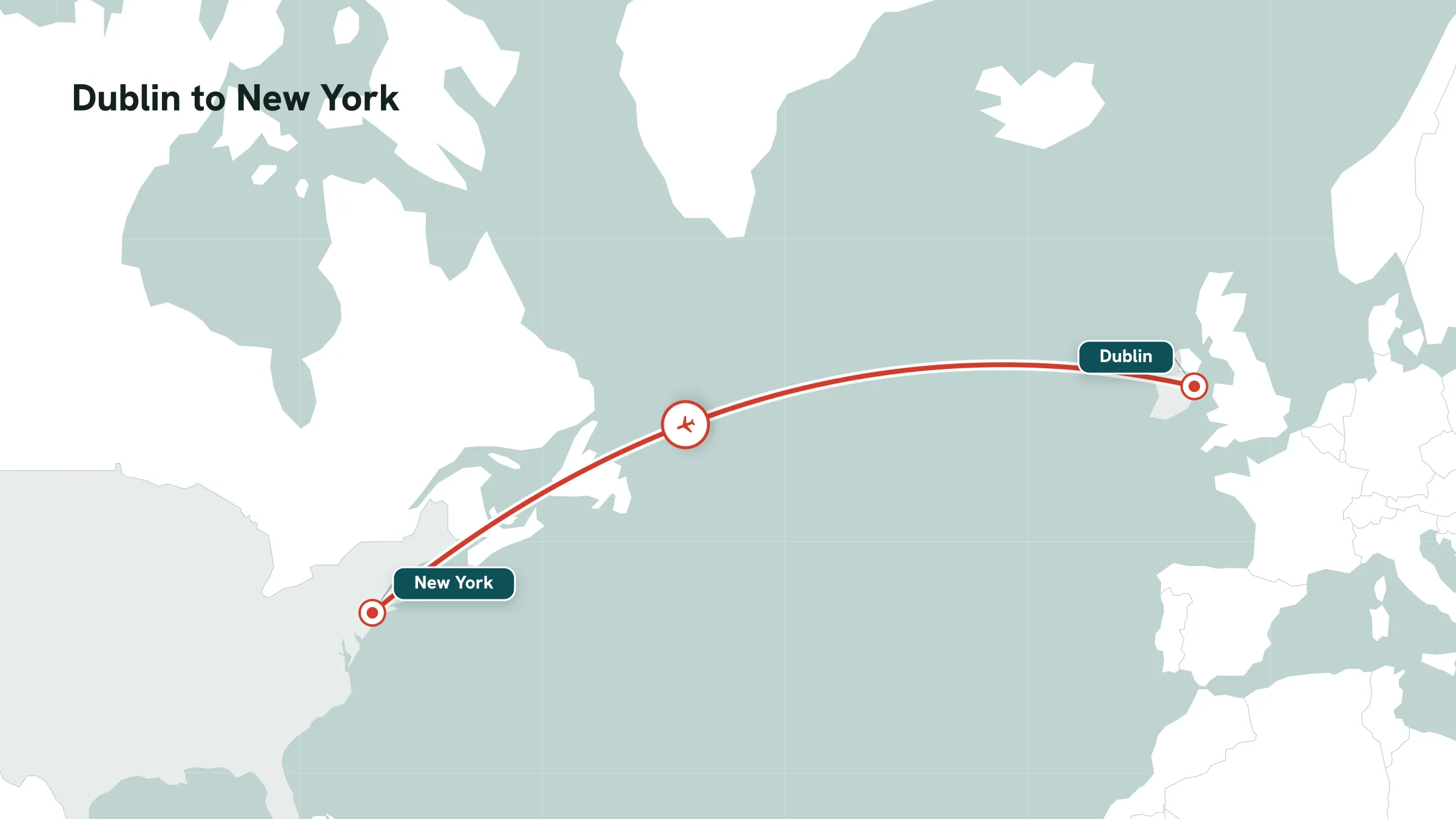 Flight route map: Dublin to New York great-circle arc with mid-route marker