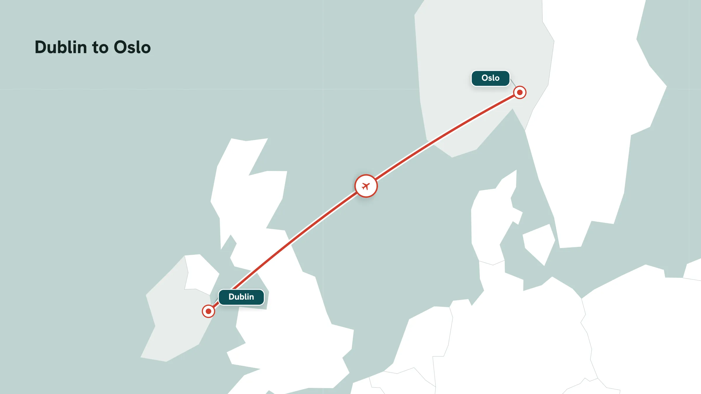Flight route map: Dublin to Oslo great-circle arc with mid-route plane marker