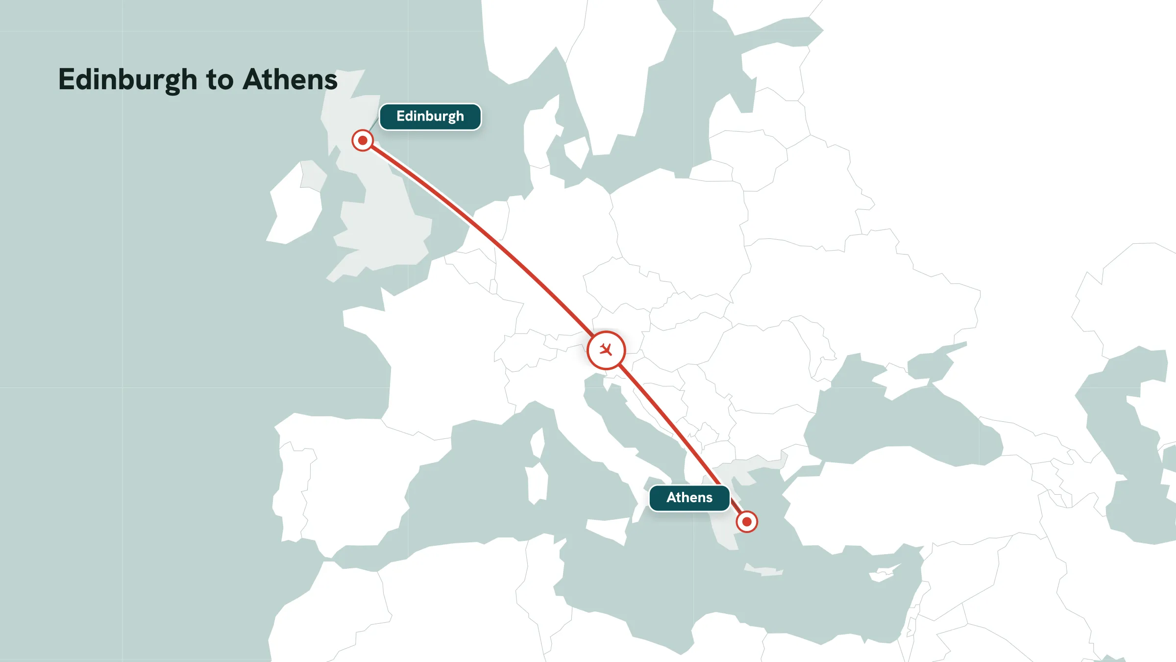 Flight route map: Edinburgh to Athens great-circle arc with mid-route marker