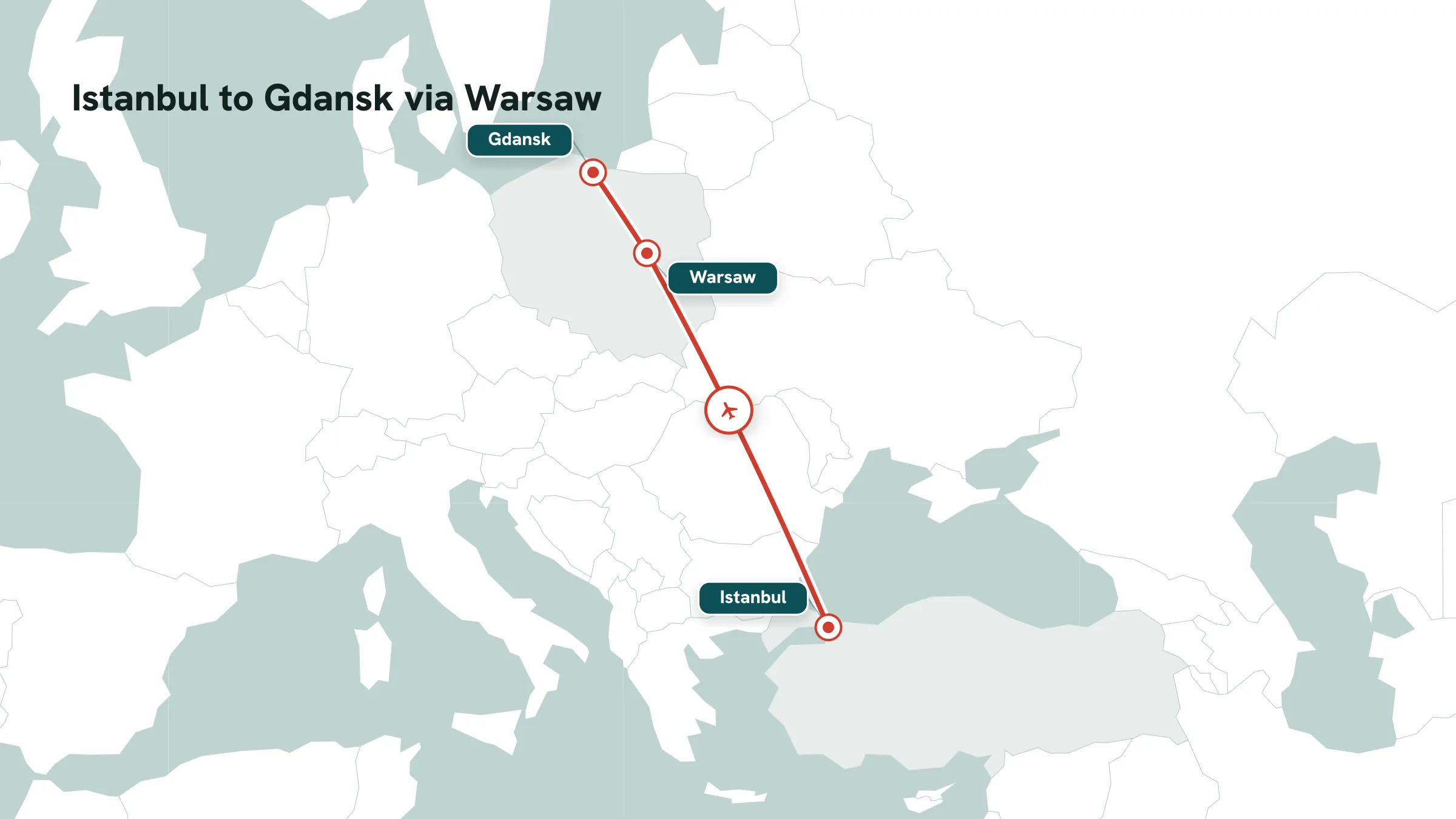 Flight route map: Istanbul to Gdansk via Warsaw, two sectors with mid-route marker