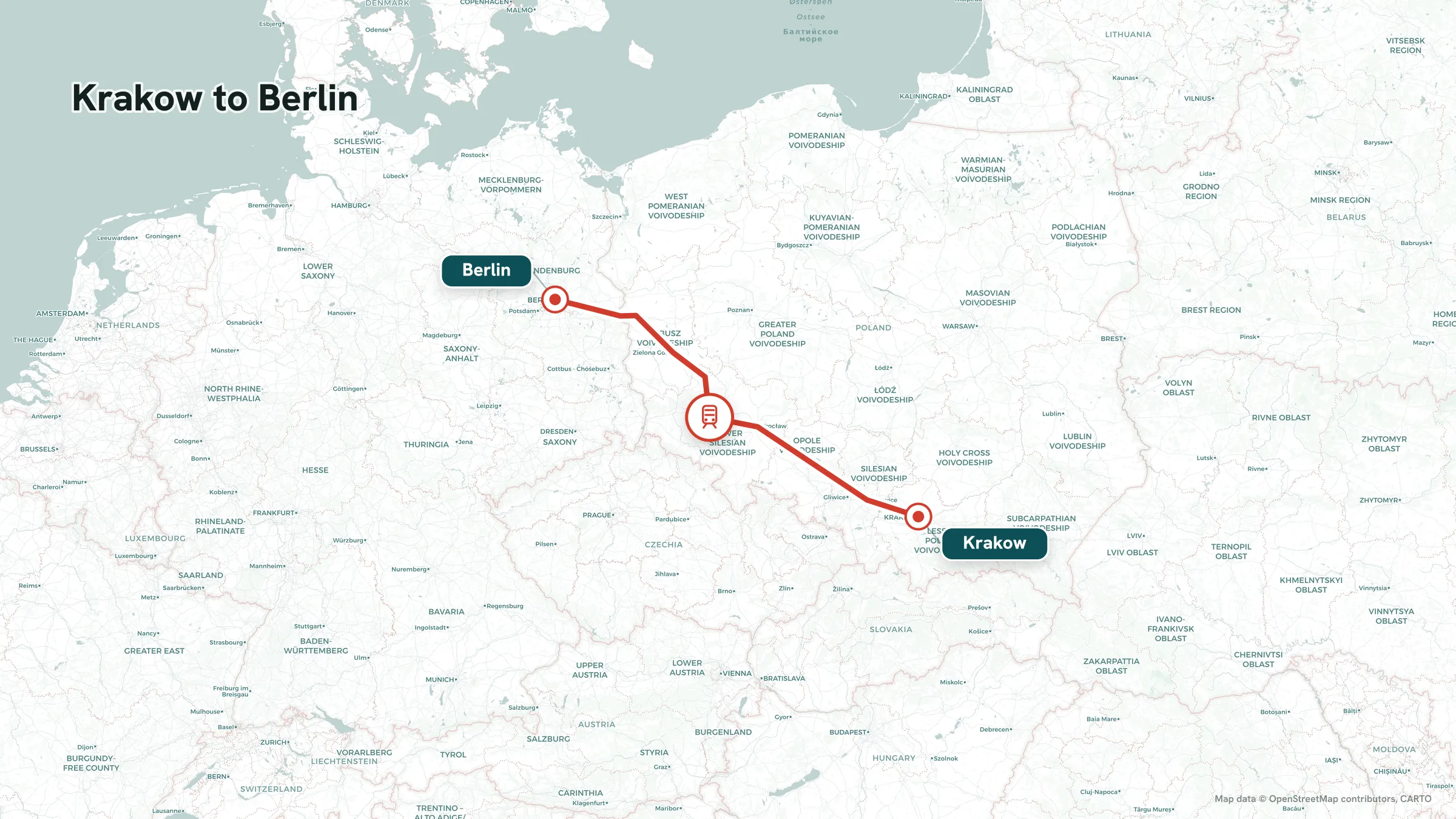 Rail route map: Krakow to Berlin via Wroclaw