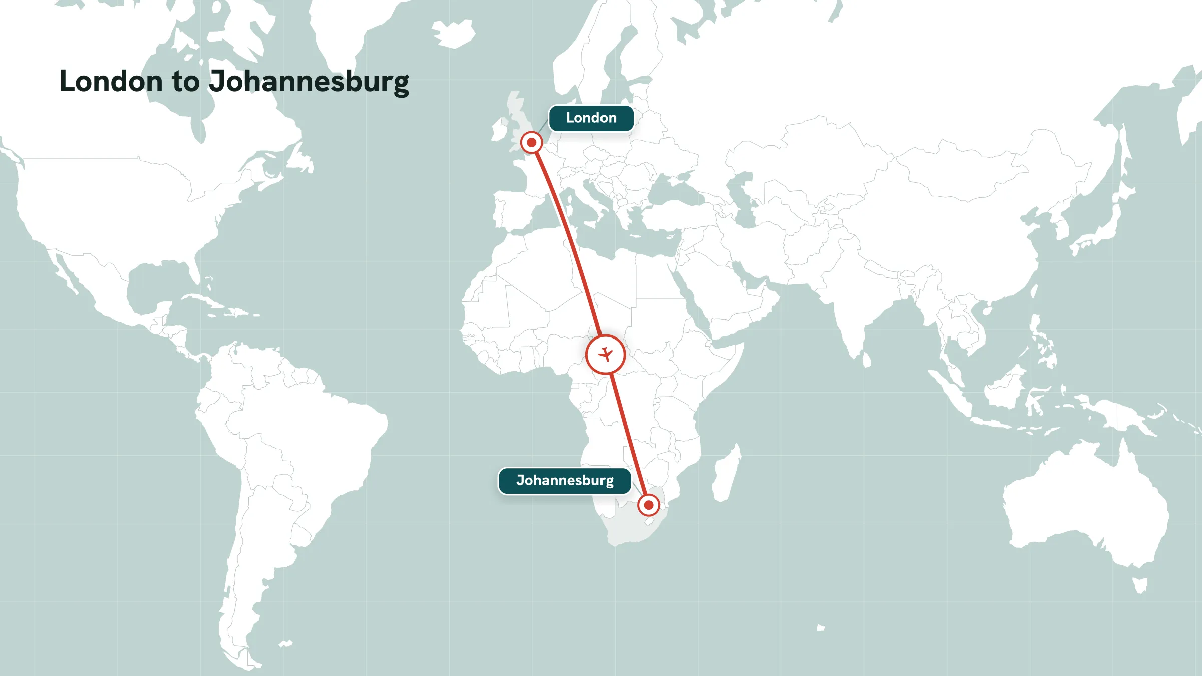 Flight route map: London to Johannesburg great-circle arc with mid-route marker