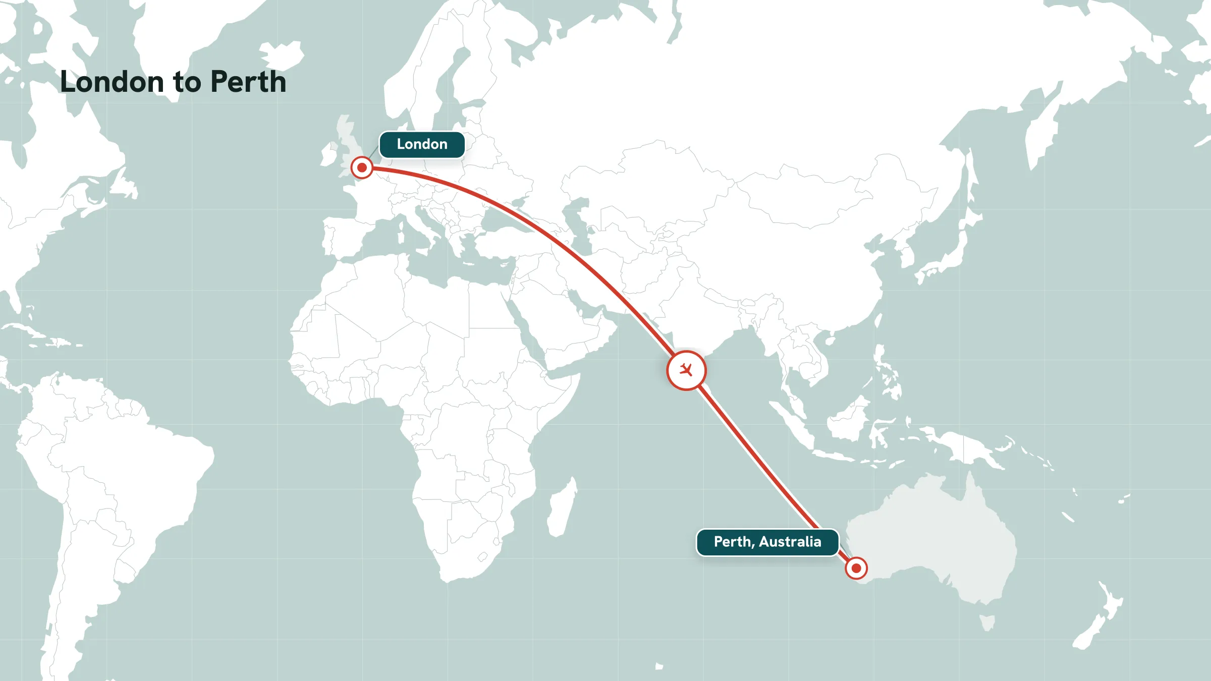 Flight route map: London to Perth great-circle arc