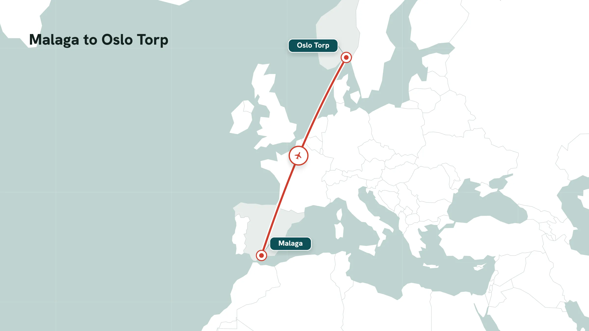 Flight route map: Malaga to Oslo Torp great-circle arc with mid-route marker