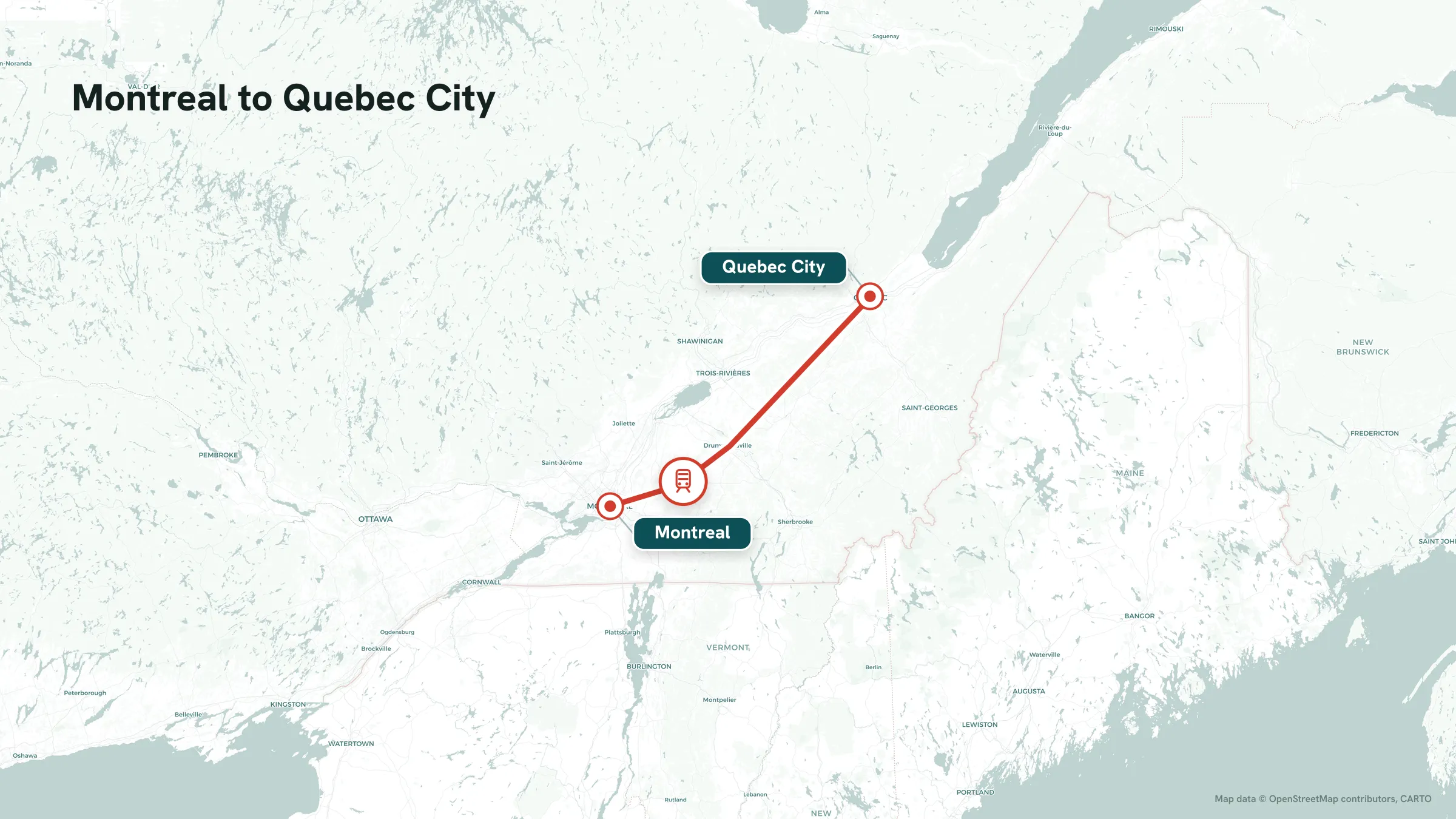 Rail route map: Montreal to Quebec City on the VIA Rail corridor