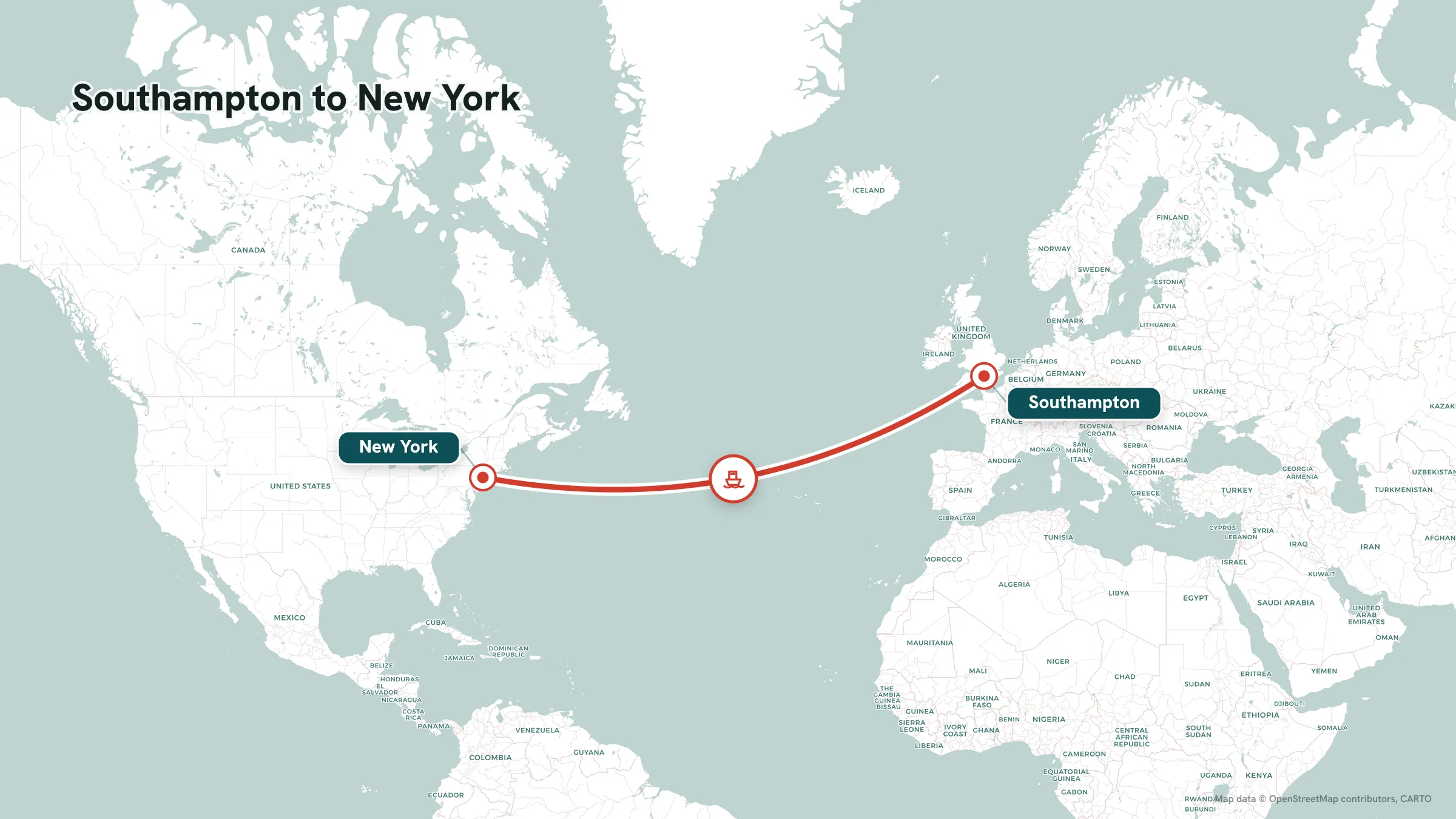 Route map: Southampton to New York transatlantic crossing with mid-route ship marker