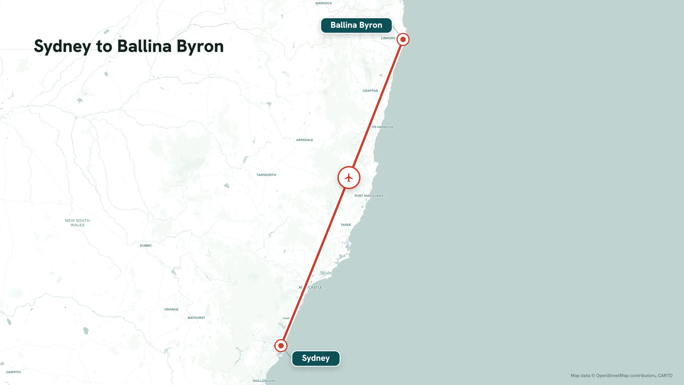 Flight route map: Sydney to Ballina Byron great-circle arc with mid-route marker