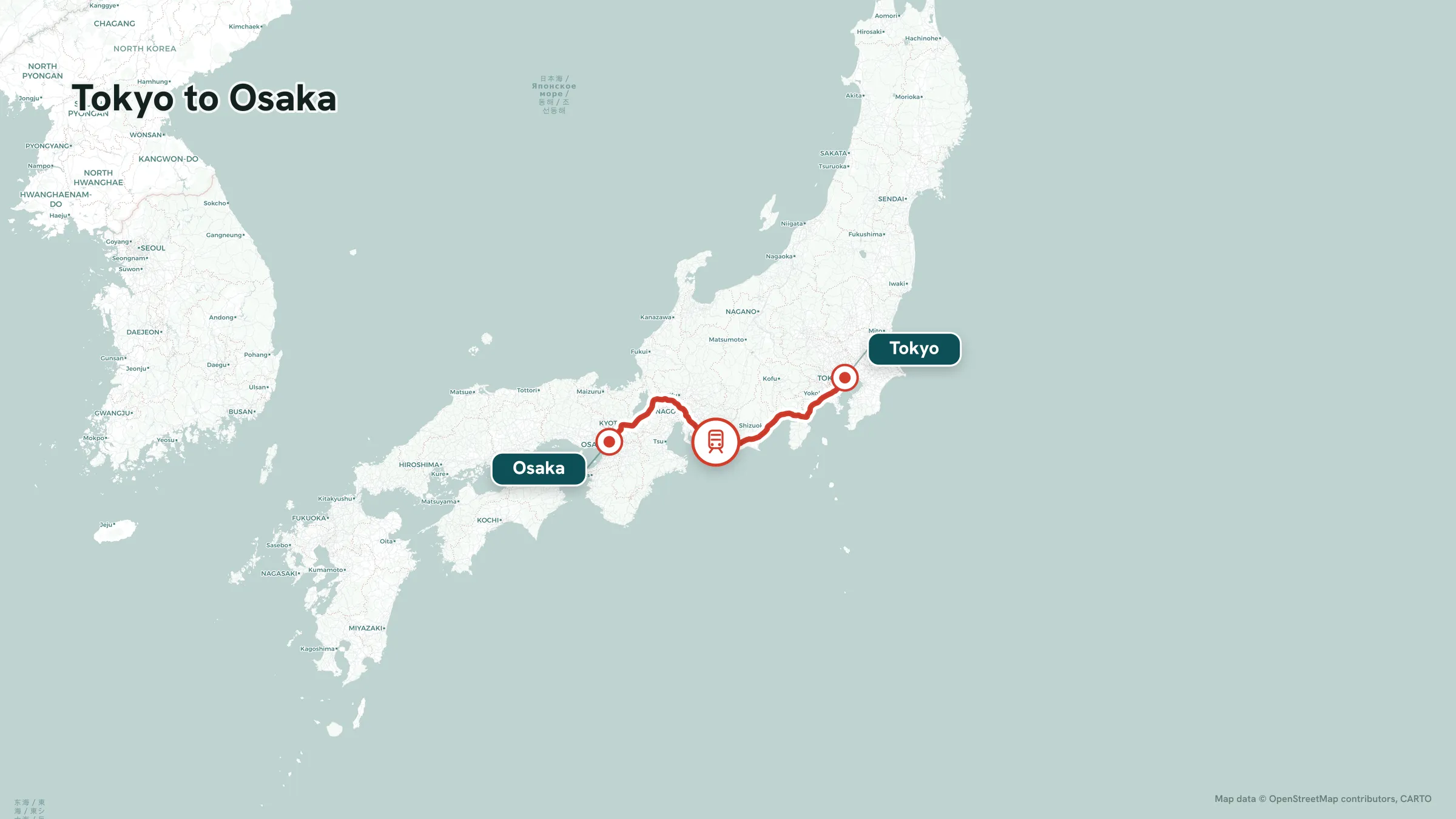 Rail route map: Tokyo to Shin-Osaka on the Tokaido Shinkansen