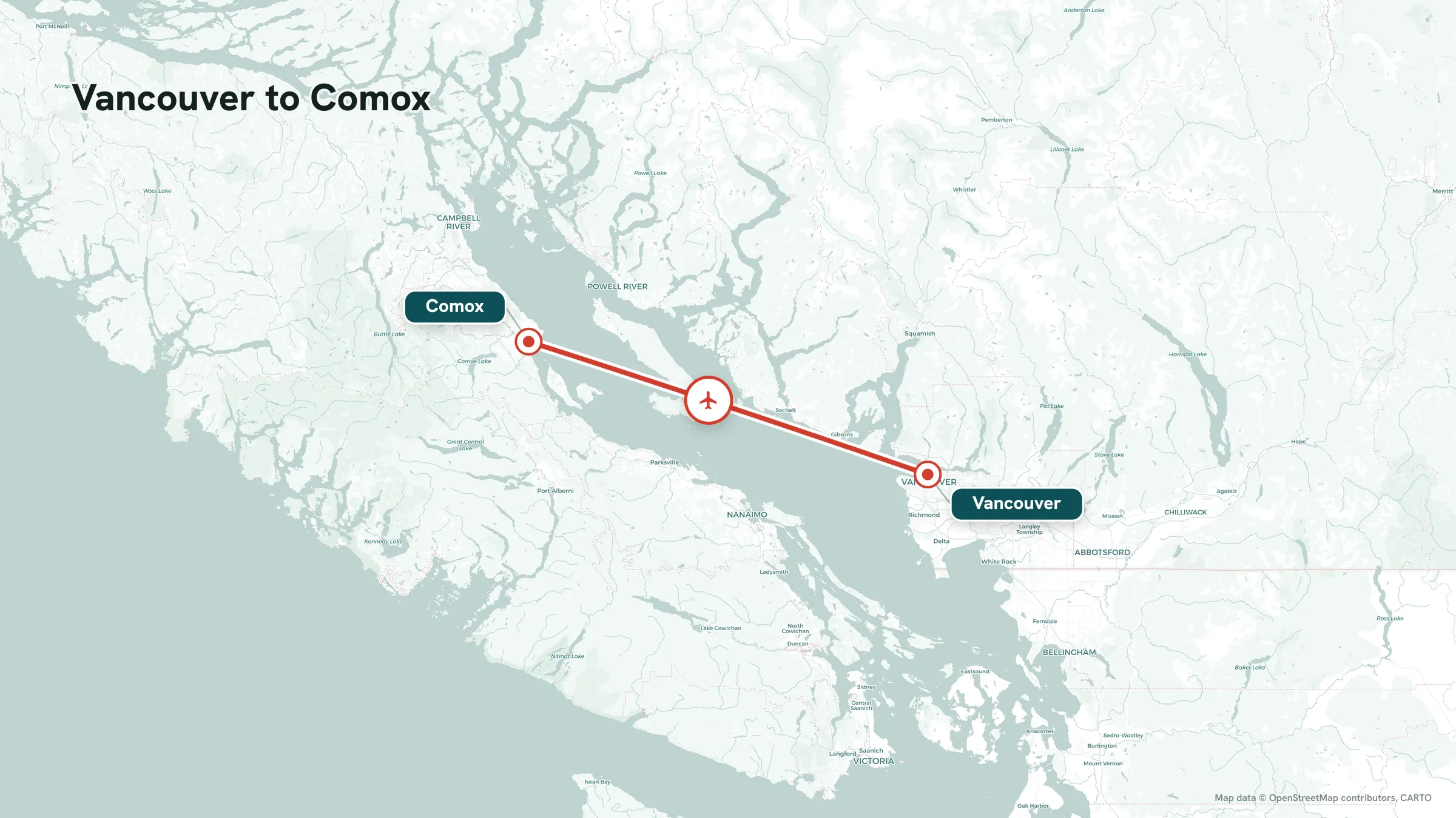 Flight route map: Vancouver to Comox great-circle arc with mid-route marker