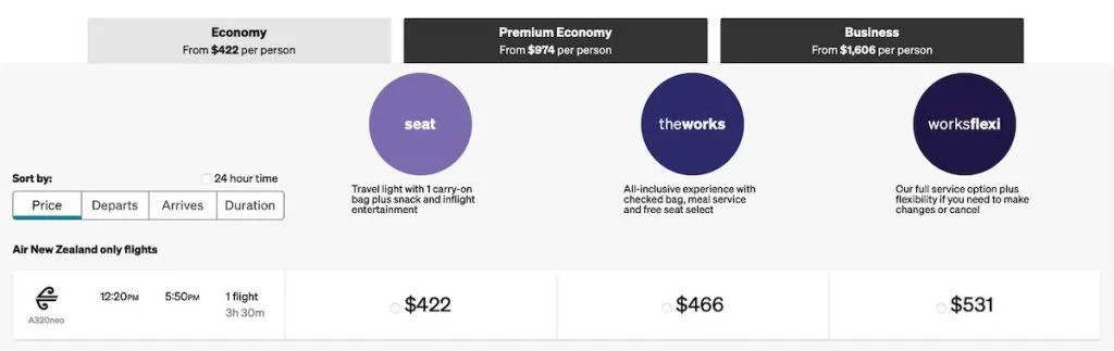 Typical pricing page from Air New Zealand's website taken 1 September 2024. 