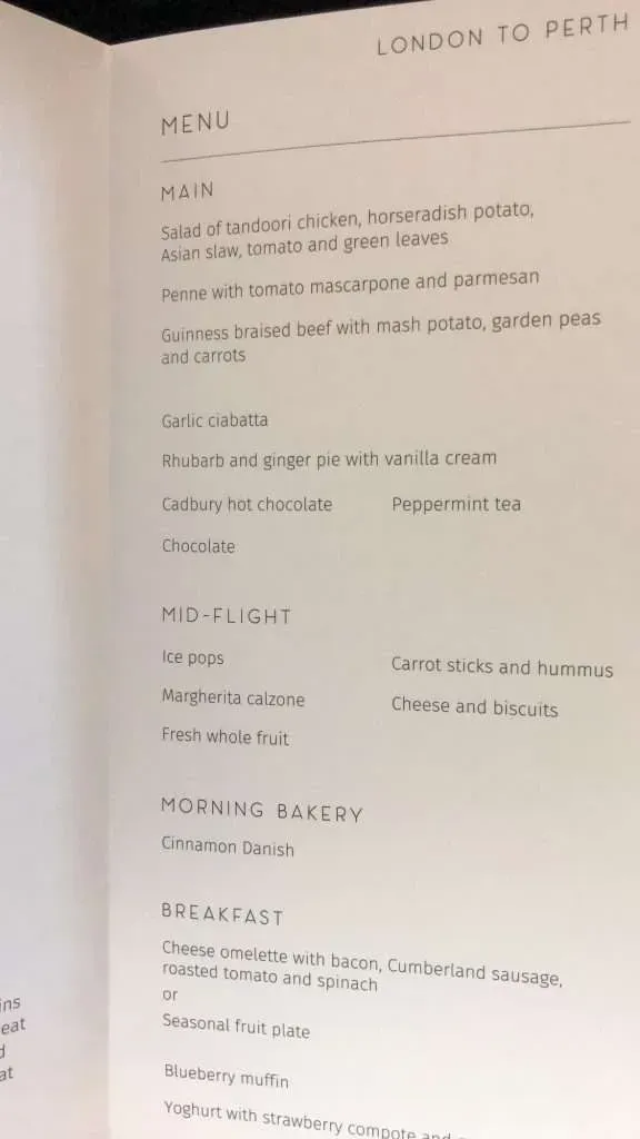 Qantas QF10 food and drinks menus