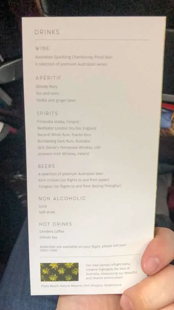 Qantas QF10 food and drinks menus