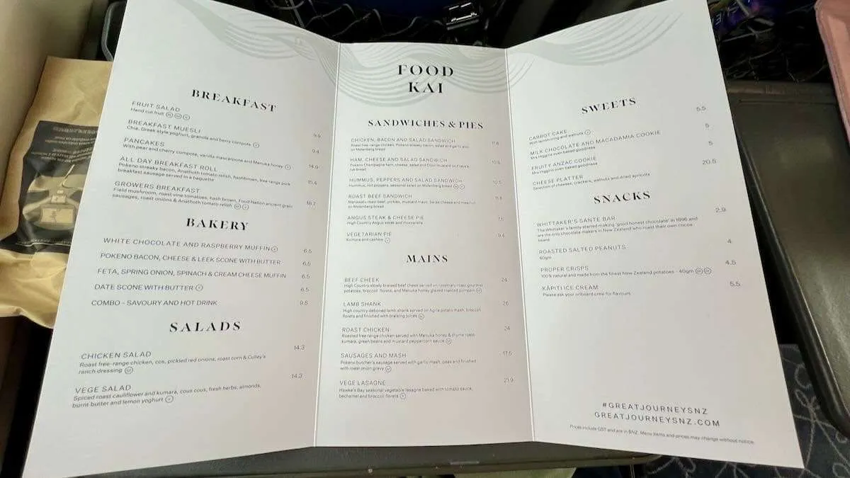 The breakfast and cafe menu available on the Northern Explorer train in New Zealand