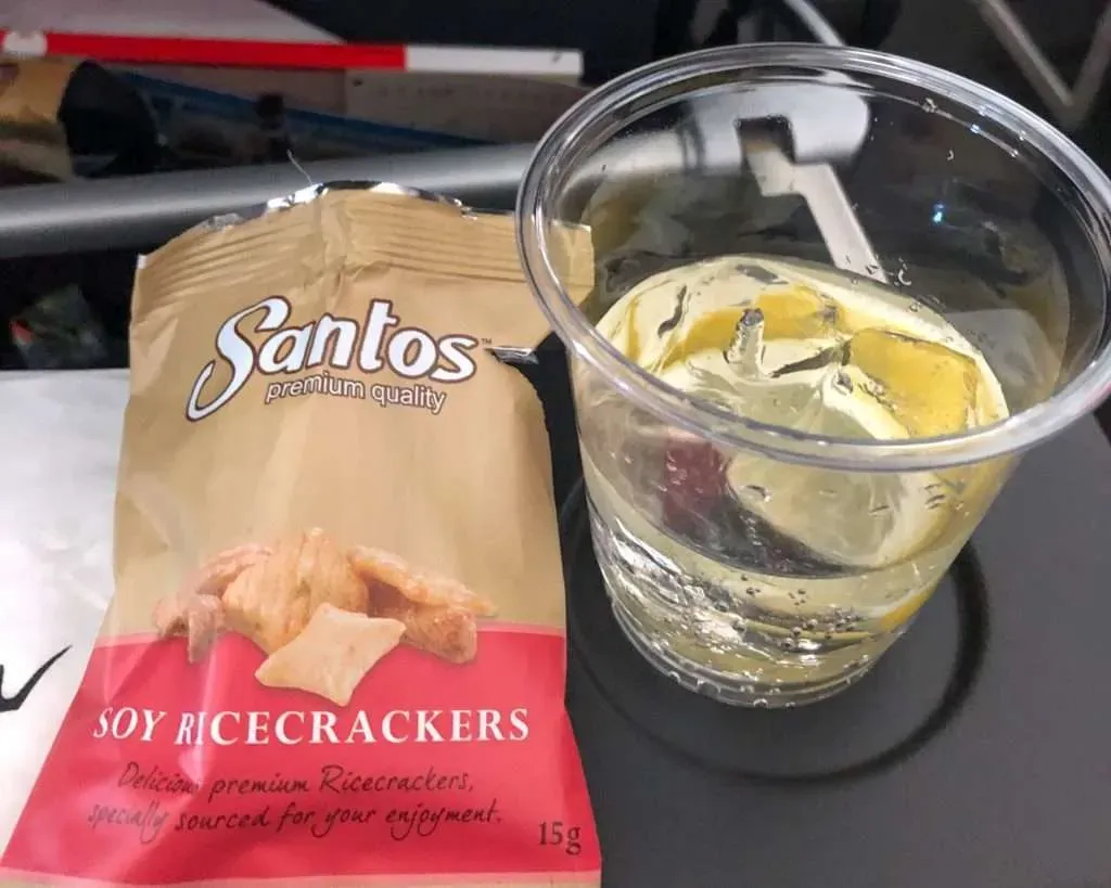 Qantas economy class in-flight dining tray with meal starter