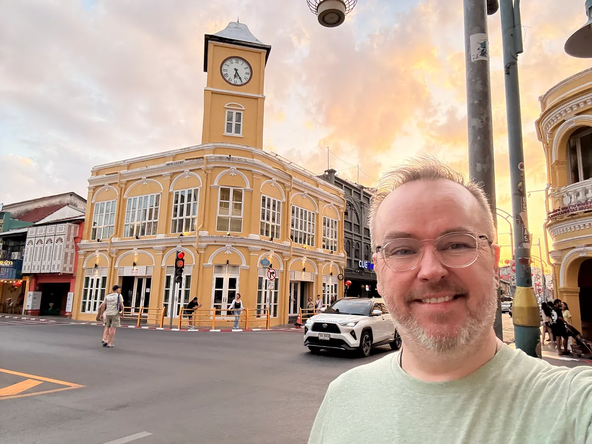 Sino-Portuguese clock tower building at sunset in Phuket Old Town