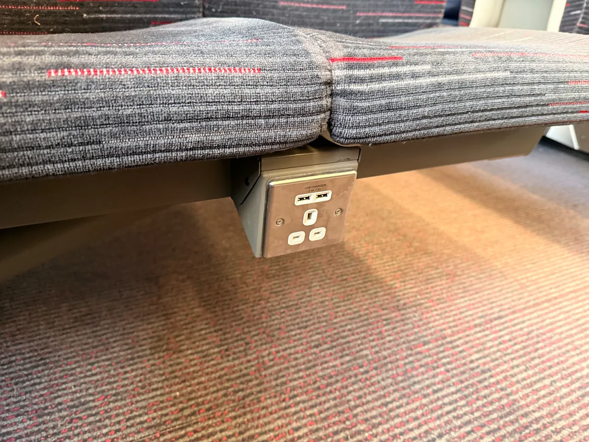 Seat-mounted power outlet with USB ports on Greater Anglia train
